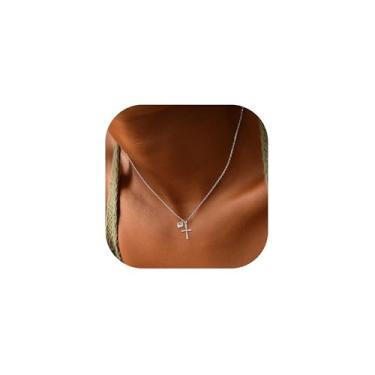 Imagem de Avotto Colar feminino banhado a ouro/prata 14K com pingente de cruz de coração de diamante delicado, não mancha, resistente, moderno, coração, cruz, cristão, Páscoa, batismo, joias, presentes 40 + 6