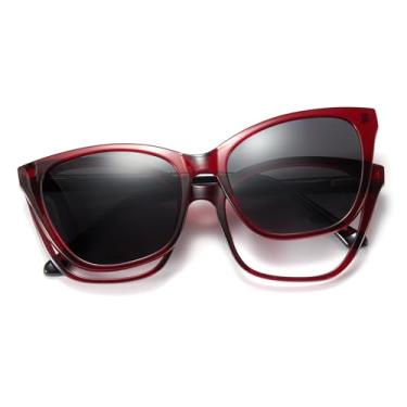 Imagem de Cyxus Óculos de sol femininos com clipe magnético Cat Eye com proteção UV400 com bloqueio de luz azul polarizada P1221, Armação: Vermelho gradiente + Lentes: Transparente + preto-cinza-p1222, Medium