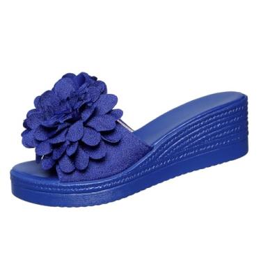 Imagem de Sandália plataforma feminina floral Peep Toe para uma temporada de verão feminina e moderna, Azul royal, 39