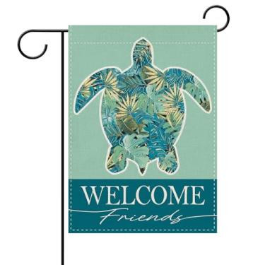Imagem de Dyrenson Bandeira decorativa de jardim de tartarugas marinhas bem-vindas, praia costeira, planta tropical, jardim, decoração de casa, folhas de palmeira náutica de verão, monstera, decoração pequena