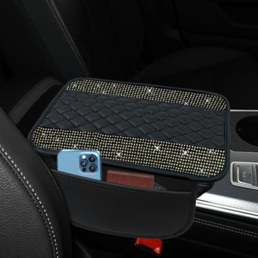 Imagem de ongfuwu Capa de couro brilhante para console central de carro, capa de descanso de braço automotivo de strass de cristal com bolsos laterais, protetor universal de apoio de braço para veículos