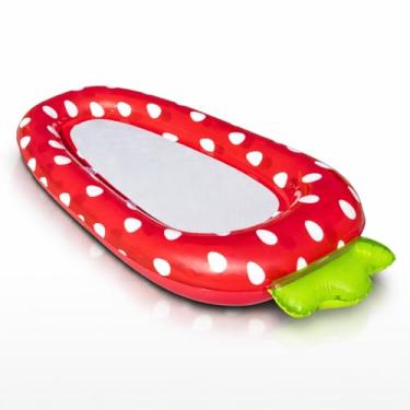 Imagem de Boia Inflável Infantil Adulto Formato Morango e Abacaxi, PVC Resistente 2 Câmaras de Ar, Tela Central Respirável, Suporta até 75 kg, Praia Verão Piscina Sol (Vermelho morango)