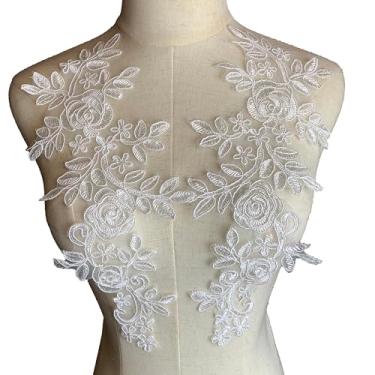 Imagem de Heyiwell 1 par de apliques de renda 3D floral costurados em bordado para vestido de casamento, acessórios de costura, decoração de renda faça você mesmo, 34 x 14 cm, Lvory