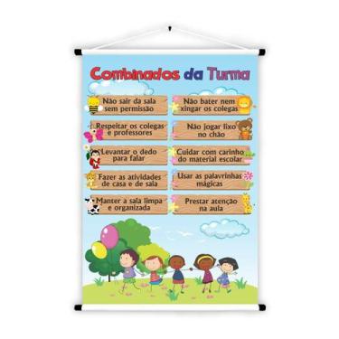 Imagem de Banner De Lona Educativo Combinados da Turma Crianças Felizes 70x55cm 