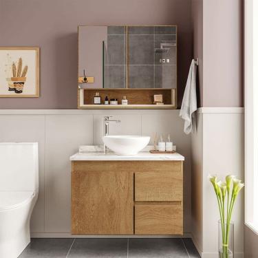 Imagem de Armário de Banheiro Travertino 80 Cm 3 Portas 2 Gavetas com Espelho Freijó/Creme - Politorno