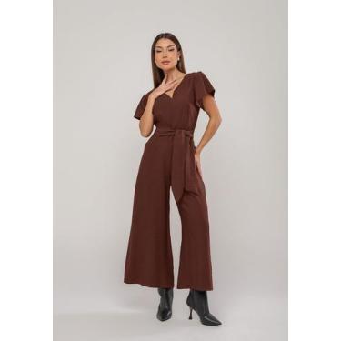 Imagem de Macacão Alfaiataria Pantalona com Manga Curta e Faixa na Cintura Marro