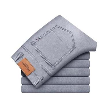 Imagem de Calças Jeans Masculinas Cinza Finas De Verão Em Algodão Elástico Para 