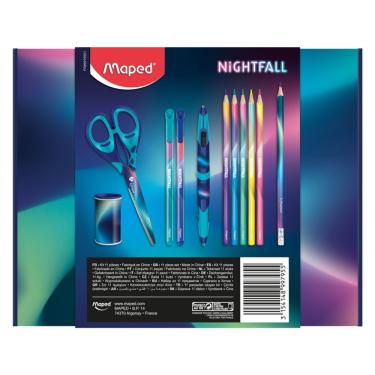 Imagem de Kit Multiprodutos Escolares Maped Nightfall 11 Peças com Apontador, Tesoura 16 cm, Lápi...