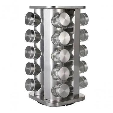 Imagem de Porta Tempero Inox 20 Potes Suporte Giratório Quadrado para Organização em Aço Inoxidável para Mesa Inox