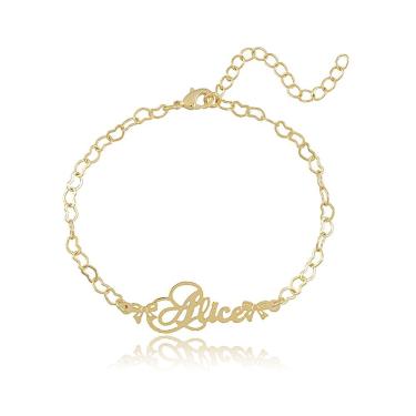 Imagem de Pulseira Floratta Joias Corrente de Coração e Nome Folheado em Ouro 18k Banhado Feminina
