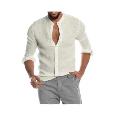 Imagem de Camisa Masculina De Verão Em Algodão E Linho De Cor Sólida Com Manga L