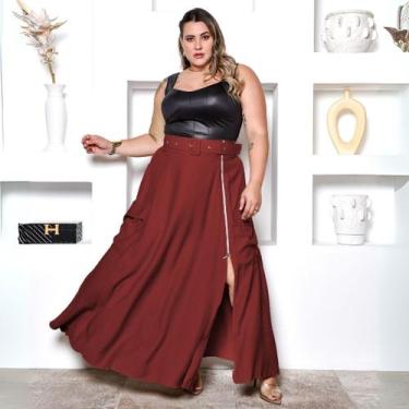 Imagem de Saia Longa Tipo Godê com Bolso Fenda Zíper E Cinto Plus Size Cor:Marsa