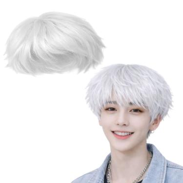 Imagem de Peruca Masculina Curta Estilo Coreano Kpop de Fibra Sintética para Fantasia Branca Extra Festas