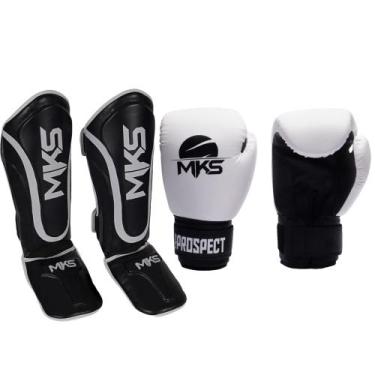Imagem de Kit Luva Boxe Muay Thai Prospect Branco 10oz + Caneleira Prospect Pret
