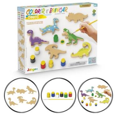 Imagem de Kit Pintura Infantil, Colorir e Brincar Tema Dinossauro MDF - Junges