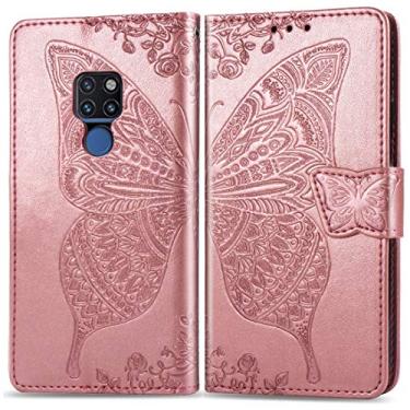 Imagem de Capa para celular com estampa de borboletas e flores em relevo horizontal capa de couro para Huawei Mate 20, com suporte e compartimentos para cartões, carteira e cordão (preto) bolsas (cor: ouro rosa)