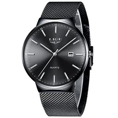 Imagem de LIGE Relógios masculinos minimalistas, modernos, esportivos, à prova d'água, de malha de aço inoxidável, vestido de negócios, com data automática, movimento japonês, quartzo, Preto com ponteiro de
