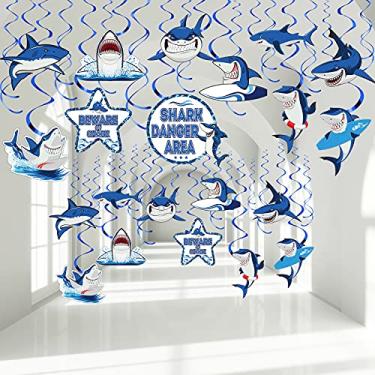 Imagem de 30 peças de redemoinhos de tubarão para pendurar, artigos de festa de tubarão, espirais de alumínio, decoração de teto para meninos e meninas, tema de tubarão, festa de bebê, chá de bebê, artigos de lembrancinha de festa de aniversário