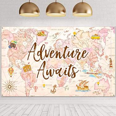 Imagem de Decoração de festa temática de viagem, suprimentos de aventura aguarda Bon Voyage, cenário de mapa de aventura para festa de aniversário, festa de formatura, chá de bebê, cabine de