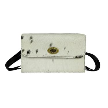 Imagem de Carteira feminina branca com cabelo reciclado em couro Turnlock com cordão para mulheres, branca, Azul: branco