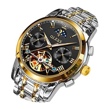 Imagem de OLEVS Relógio de pulso masculino automático, mecânico, esqueleto, fase da lua, aço inoxidável, 3AT, à prova d'água, luminoso, Relógio masculino de luxo: preto, Mecânico, corda automática