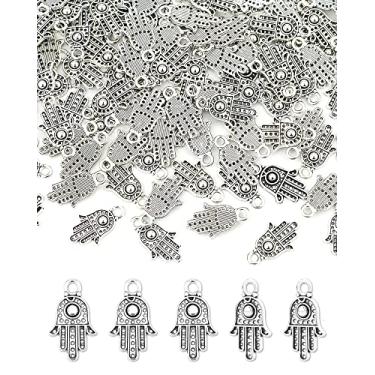 Imagem de JIALEEY 100 peças de pingentes de prata antiga Hamsa mão de Fátima símbolo Hamsa contas de mão amsá berloques moldura para fazer joias, achados, colar pulseira faça você mesmo