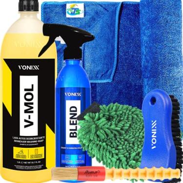 Imagem de Kit V-mol Shampoo Desengraxante Blend Spray Cera Liquida Toalha de Secagem Automotiva Luva Microfibra Escova Vonixx