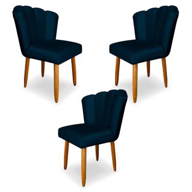 Imagem de Kit 3 Cadeiras de Jantar Pétala Estofada Pés Palito Veludo Azul Marinho - Montanaris Decor