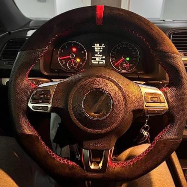 Imagem de QUNINE  Capa do volante personalizado couro de camurça, para Volkswagen Golf 6 GTI MK6 VW Polo GTI Scirocco R Passat CC R-Line 2010