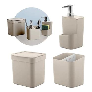 Imagem de Kit Escorredor de Talheres Porta Detergente Lixeira Cozinha Bege