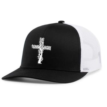 Imagem de Boné masculino cristão árvore cruz bordado malha traseira Trucker Hat, Preto/branco, Tamanho �nica