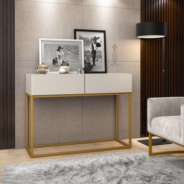 Imagem de Aparador Buffet Hall De Entrada Luxo Eros 02 Gavetas 90cm Off White Com Dourado