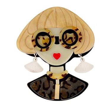 Imagem de Broche de ácido acético usando óculos moderno design de desenho animado menina broche acessório de roupas joias moda lapela broche suéter acessórios (amarelo)