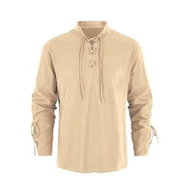 Imagem de Camisa masculina medieval pirata Steampunk retrô renascentista viking manga longa com cadarço Mercenário Halloween Scottish Tops, Bege, M