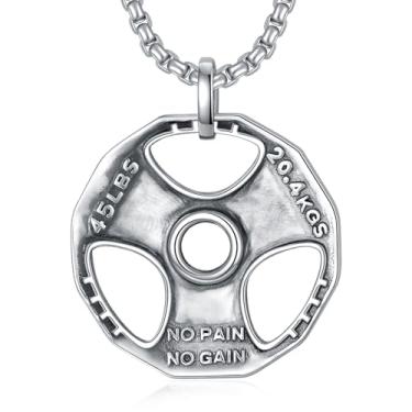Imagem de PDTJMTG Colar de haltere masculino com pingente de prata esterlina com corrente de aço inoxidável de 56 cm + 5 cm para academia, presente para homens e meninos, Prata esterlina, Sem Pedra Preciosa