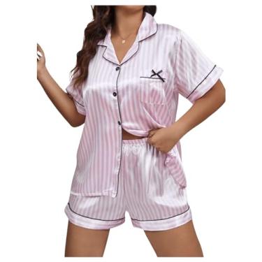 Imagem de WDIRARA Conjunto de pijama feminino plus size, 2 peças, estampa listrada de cetim, abotoado, gola frontal, camiseta e short, Rosa claro, X-Large Plus