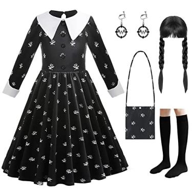 Imagem de LZH Vestido infantil preto para fantasia de Halloween para meninas, cosplay, princesa, Halloween, com bolsa de peruca, brincos e meias, Vestido + peruca + bolsa + brincos + meias, 140(9-10Years)