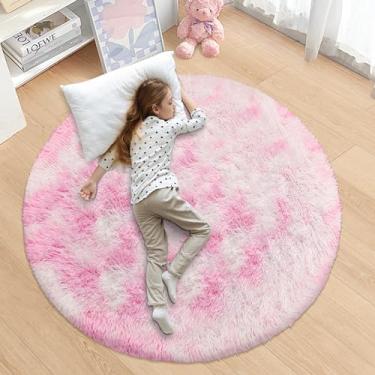 Imagem de ATRUG Tapete redondo fofo rosa de 1,2 x 1,2 m para quarto de meninas, tapete circular felpudo macio colorido para crianças, tapete felpudo fofo para sala de estar, berçário, sala de jogos, sala de