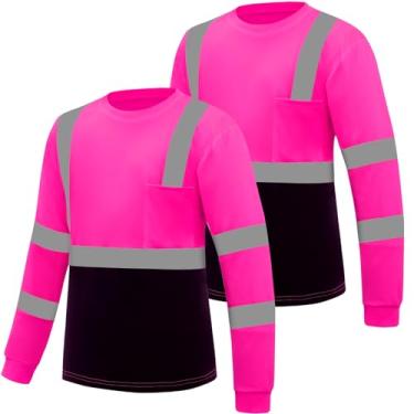 Imagem de New Olym Camiseta masculina Hi Vis Safety com manga comprida refletiva de alta visibilidade com bolso (M-3GG), Rosa - sem listras refletivas, G
