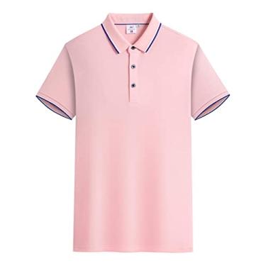 Imagem de Polos de golfe masculinos com gola listrada de nylon, camiseta de tênis de cor sólida, ajuste regular, stretch, manga curta, absorção de umidade, seco(Color:Pink,Size:XL)