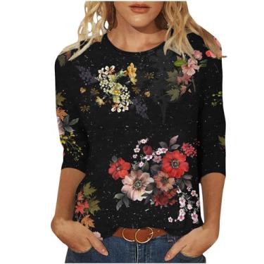 Imagem de Camisetas femininas de manga 3/4 com estampa floral, gola redonda, casual, folgada, estampada, roupas básicas para sair, Cinza escuro, 4G