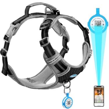 Imagem de ThinkPet Peitoral antipuxão para cães pequenos, médios e grandes com suporte para airtags, arnês refletivo para cães com código QR para identificação inteligente, suporte para airtags, clipe