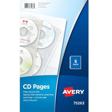 Imagem de Avery Compartimento transparente para armazenamento de DVD para fichário de 3 anéis, dois lados, pacote com 5 comporta 20 CD/DVDs no total (75263)