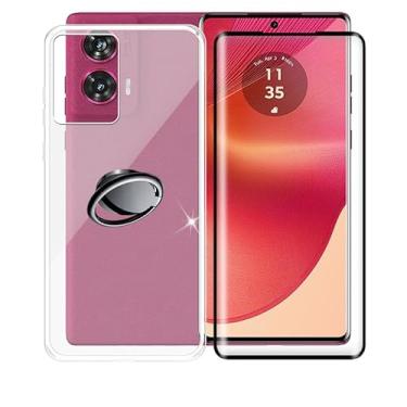 Imagem de Capa para Motorola Edge 50 Fusion, com [1 x película protetora de vidro temperado], capa macia à prova de choque, [suporte de anel de rotação de 360°] Capa para Motorola Edge 50 Fusion (6,7 polegadas)