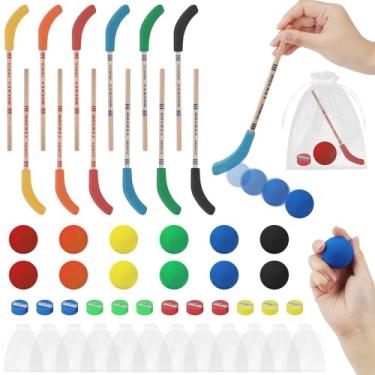 Imagem de Conjunto de 48 peças de lembrancinhas de hóquei multicoloridas, inclui 12 lápis com borrachas, 12 bolas, 12 apontadores, 12 sacos para decoração de aniversário com tema esportivo, prêmios de
