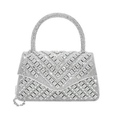 Imagem de LUNIQO Bolsas de mão femininas de strass brilhantes e bolsas para festa de casamento à noite bolsa transversal com corrente, Prata