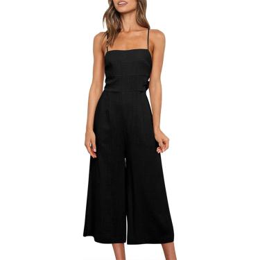 Imagem de Calça casual feminina macacão casual feminino alças amarrar nas costas macacão elegante casual cintura alta perna larga com bolsos, preto, l