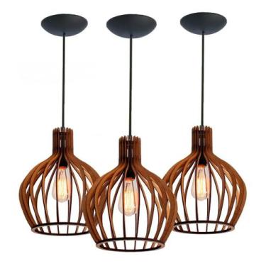 Imagem de KIT 3 Luminária Lustre Pendente Madeira Redondo Munique 30cm - My Lamp
