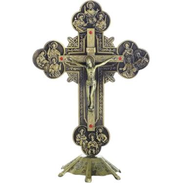 Imagem de KOMI Crucifixo em pé com base cruz de crucifixo de Jesus de metal de 20 cm, cruz de mesa para decoração de casa de capela presentes religiosos