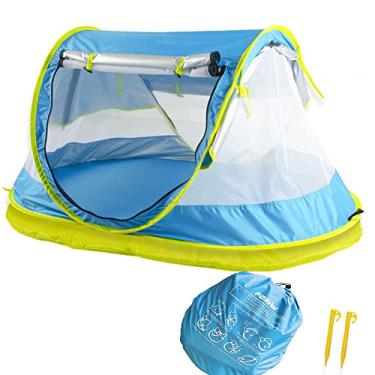 Imagem de porayhut Barraca de praia infantil dobrável portátil com tapete FPS 50+ abrigo solar para rede mosquiteira, grande tenda de viagem para crianças com tapete e 2 estacas